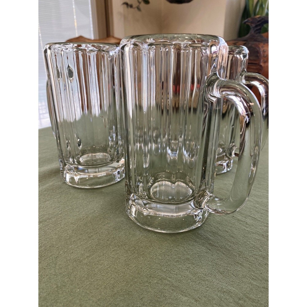 Set Of 4 Glass VINTAGE Paneled Beer Mugs Glasses Heavy Handles Libbey